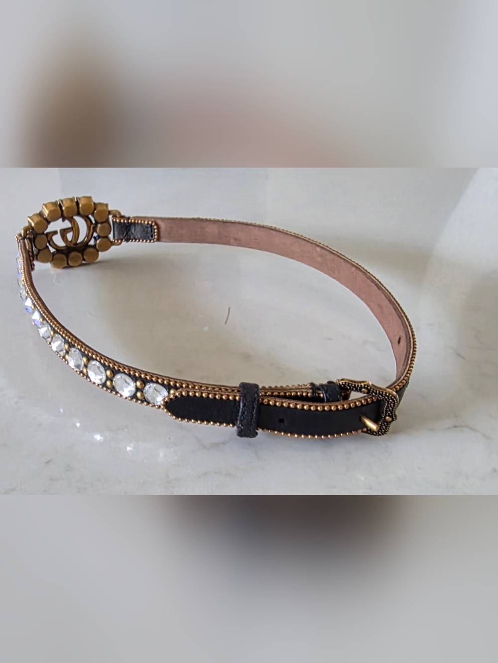 Gucci Black Leather Crystal-Studded Bracelet with Gold Double G - Picture 8 of 8